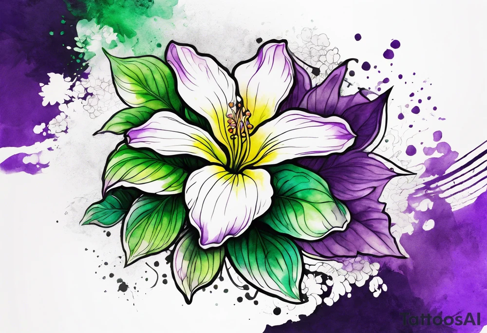 A mystical outline of a rio dipladenia flower and a green and purple watercolor splash in the background tattoo idea