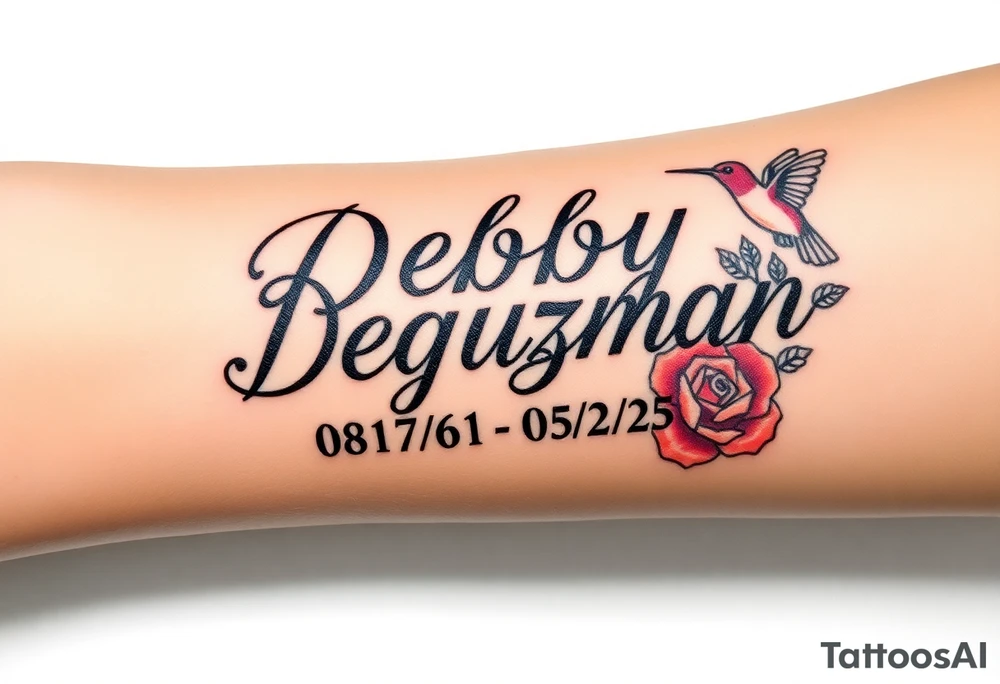 Tattoo of the exact name Debby Deguzman in chunky bold curly cursive with the exact dates of 08/17/61-05/29/25 surrounded by 1 hummingbird and 1 rose tattoo idea