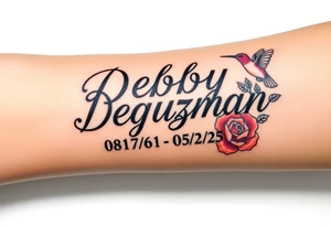 Tattoo of the exact name Debby Deguzman in chunky bold curly cursive with the exact dates of 08/17/61-05/29/25 surrounded by 1 hummingbird and 1 rose tattoo idea