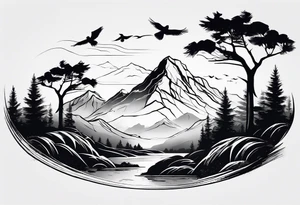 A mountain scape with trees. 5 silhouettes of birds. tattoo idea