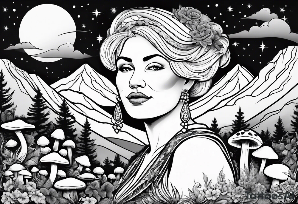Older blonde fat woman no makeup surrounded by mushrooms mountains crescent moon background tattoo idea
