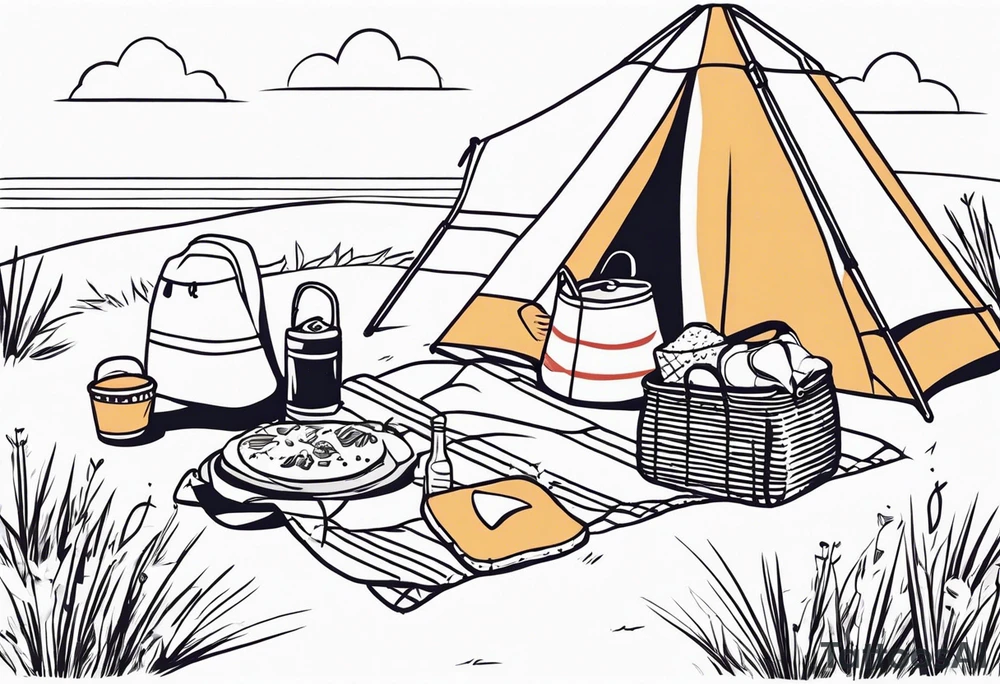 minimalstic picnic scene with a blanket on the ground with one picnic-basket, one backpack, pillows and party pennants. Thin lines. tattoo idea