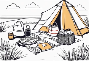 minimalstic picnic scene with a blanket on the ground with one picnic-basket, one backpack, pillows and party pennants. Thin lines. tattoo idea