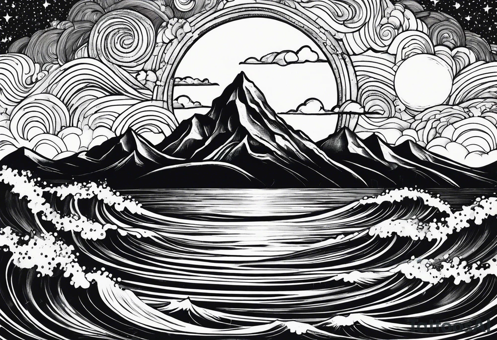 Waves becoming Mountains. Starry sky becoming cloudy Sky. Sun becoming moon tattoo idea