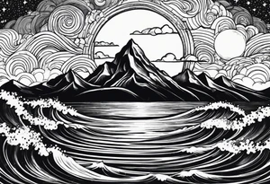 Waves becoming Mountains. Starry sky becoming cloudy Sky. Sun becoming moon tattoo idea