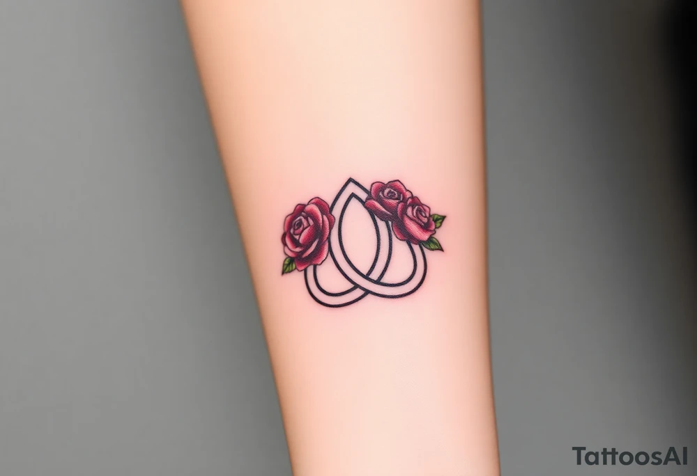 Celtic Trinity knot with a flower crown going through it made out of tiny maroon and blush pink colored roses tattoo idea