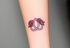 Celtic Trinity knot with a flower crown going through it made out of tiny maroon and blush pink colored roses tattoo idea