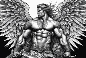 Micheal arc angel huntched over killing demons super muscular tattoo idea