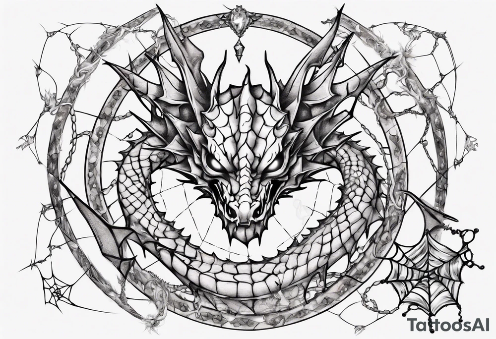 Dragon in a spiral spiderweb with jewels and shattered chalices and one spider tattoo idea