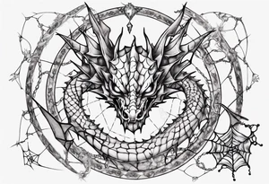 Dragon in a spiral spiderweb with jewels and shattered chalices and one spider tattoo idea