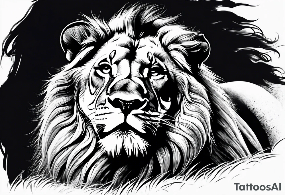 Lion laying own horizontally smiling and saying welcome tattoo idea