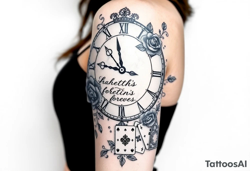 Roman clock with roses and a crown,  a quote that says nothings forever. and on the bottom a deck of cards tattoo idea