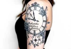 Roman clock with roses and a crown,  a quote that says nothings forever. and on the bottom a deck of cards tattoo idea