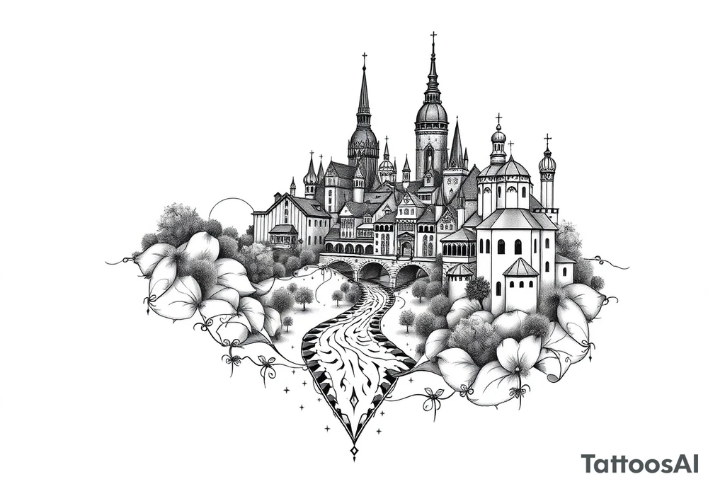 Magical fairytale city with river and bridge tattoo idea