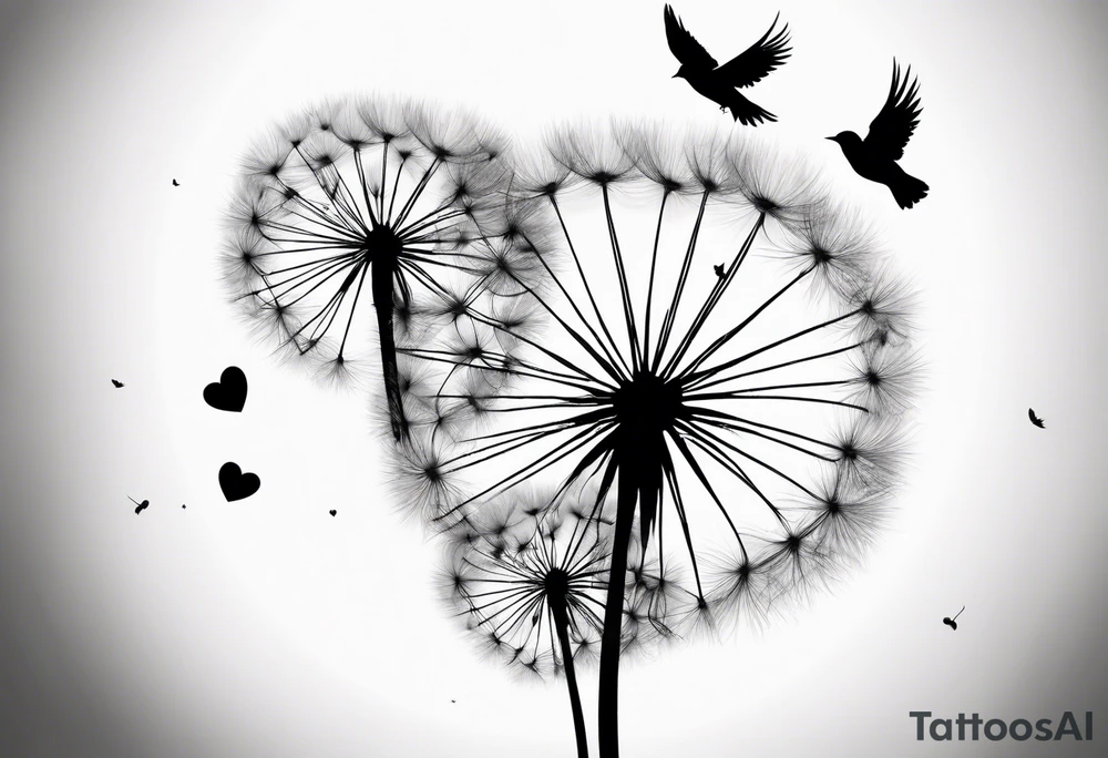 Dandelion, ligules blowing away, a few tiny hearts, little bird flying away to the future tattoo idea
