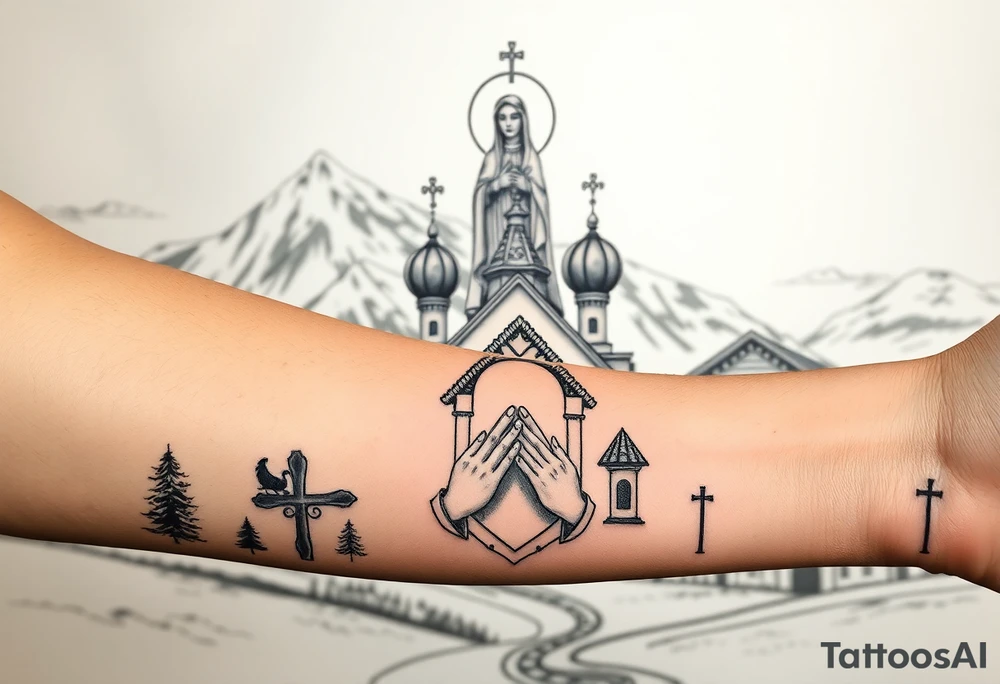 Russian Orthodox church with orthodox spire crosses in a mountainous village setting, with a holy glow around the church, and a virgin mary sat seperately above looking over hands on heart sat above tattoo idea