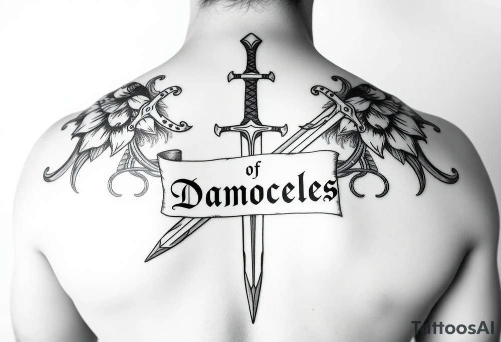 Please generate Polynesian style tattoos for me.
The sword should cover my back from top to bottom, passing over my spine with great relief and detail, surrounded by a parchment written in fine italic letters “Sword of Damocles”. tattoo idea