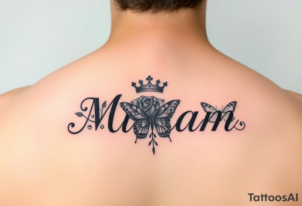 Name tattoo that’s says Miriam with a rose, crown, and butterfly tattoo idea