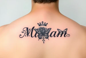 Name tattoo that’s says Miriam with a rose, crown, and butterfly tattoo idea