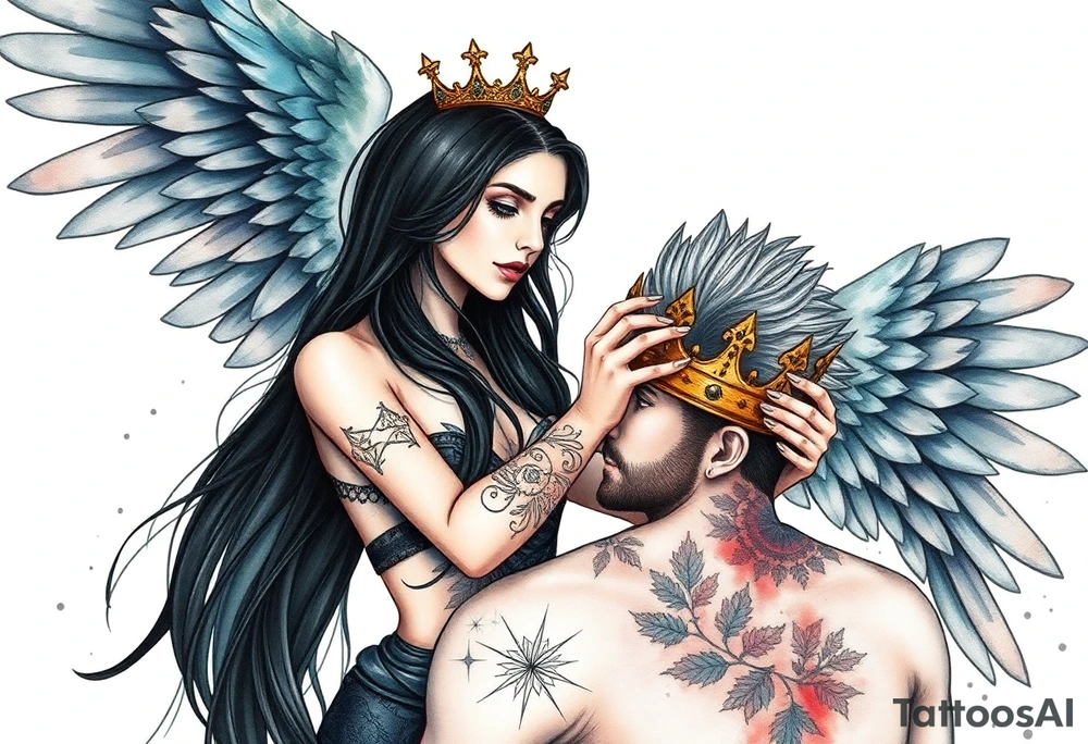 A Scorpio gypsy  woman with long black hair and angel wings putting a kings crown on a man with grey spiked hair tattoo idea