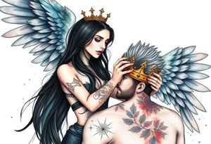 A Scorpio gypsy  woman with long black hair and angel wings putting a kings crown on a man with grey spiked hair tattoo idea