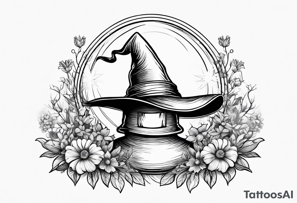 Witch hat sitting on top of a crystal ball sitting on wildflowers tattoo idea