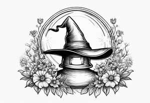 Witch hat sitting on top of a crystal ball sitting on wildflowers tattoo idea