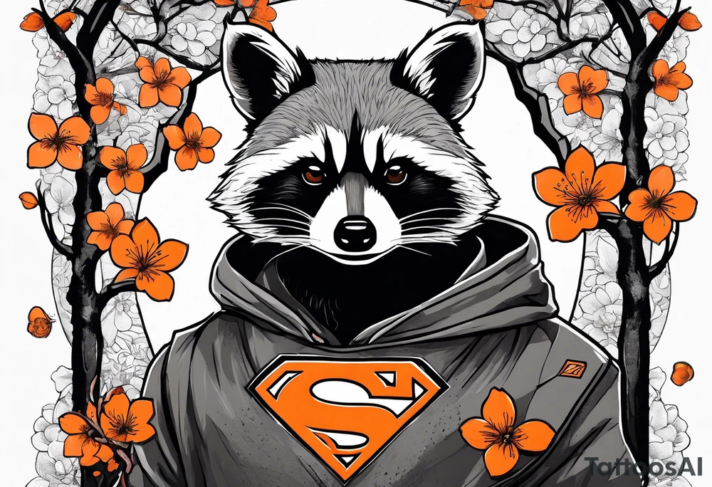 raccoon wearing a black and white Superman hoodie and orange Japanese cherry blossoms tattoo idea