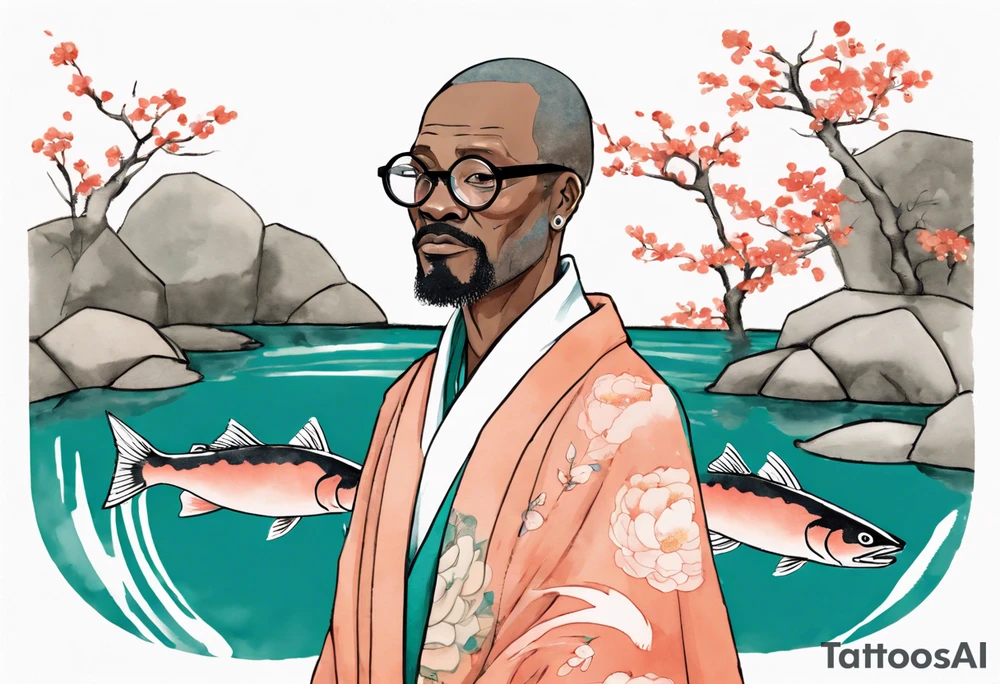 a 50-year-old black man wearing salmon and teal cloak and round glasses standing by a pond with a salmon in it tattoo idea