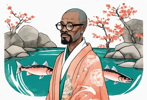 a 50-year-old black man wearing salmon and teal cloak and round glasses standing by a pond with a salmon in it tattoo idea