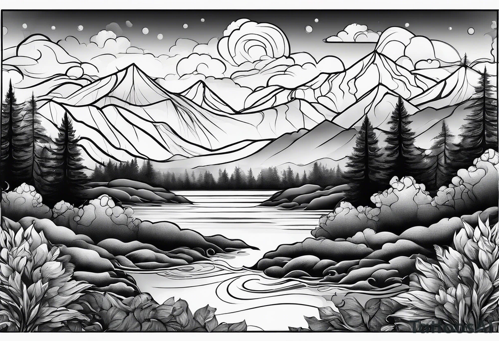 water, clouds, trees, mountains tattoo idea