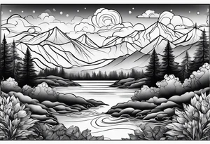 water, clouds, trees, mountains tattoo idea