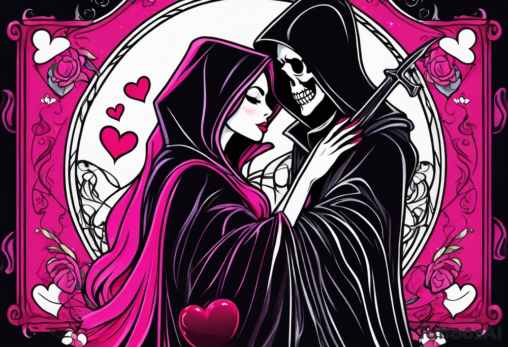 new school tattoo of a male grim reaper with black cloak kissing a female grim reaper in a bright pink cloak with small hearts in pink and red surrounding them tattoo idea