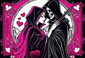 new school tattoo of a male grim reaper with black cloak kissing a female grim reaper in a bright pink cloak with small hearts in pink and red surrounding them tattoo idea
