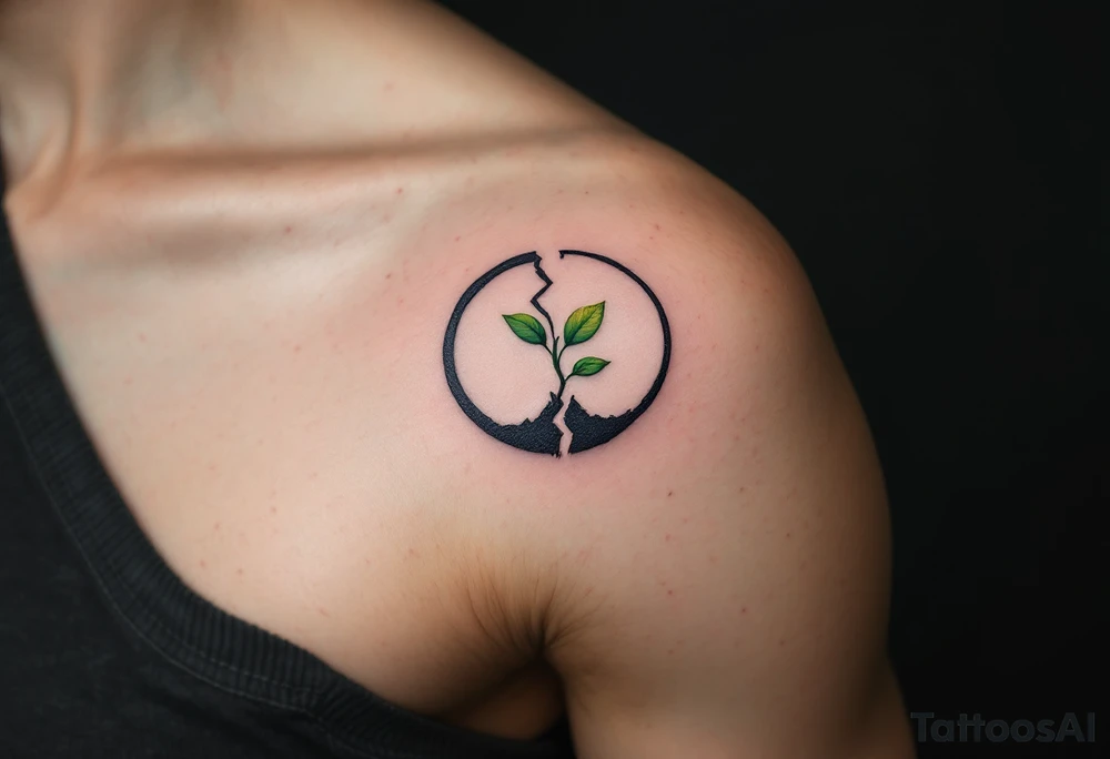 A broken circle in charcoal gray with a sprouting green leaf at the gap, symbolizing growth and renewal. tattoo idea