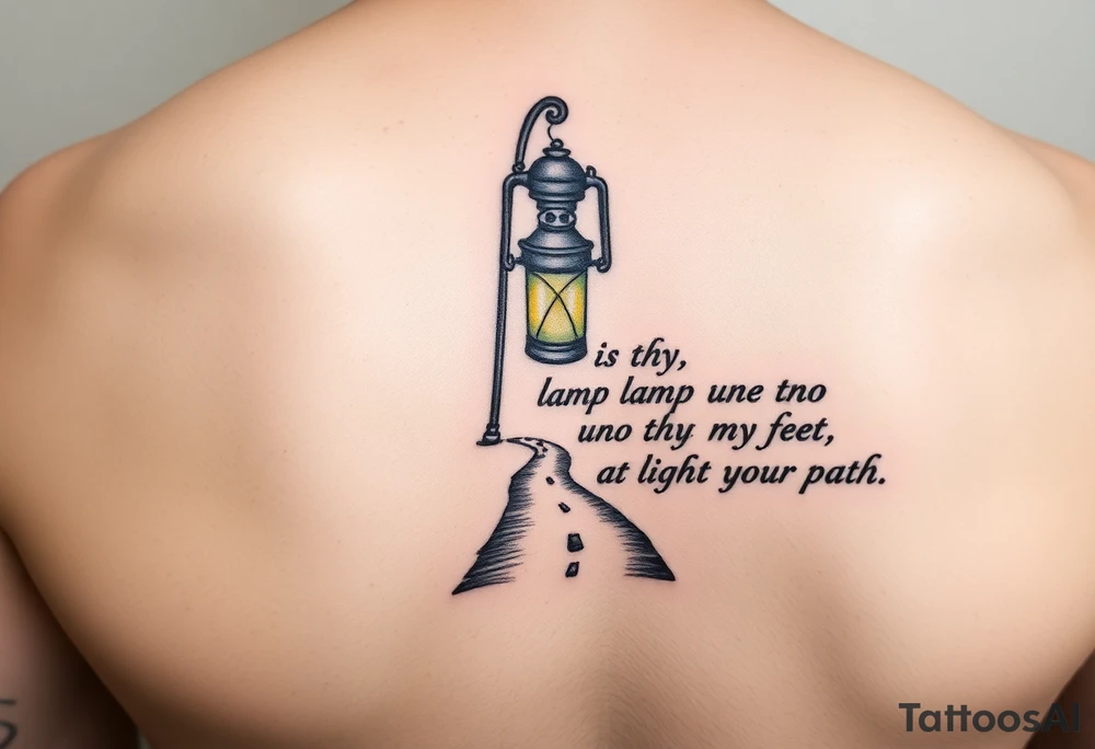 Someone holding a small lantern to light up a road with the text: "Thy word is a lamp unto my feet a light unto my path." The tattoo should be small tattoo idea