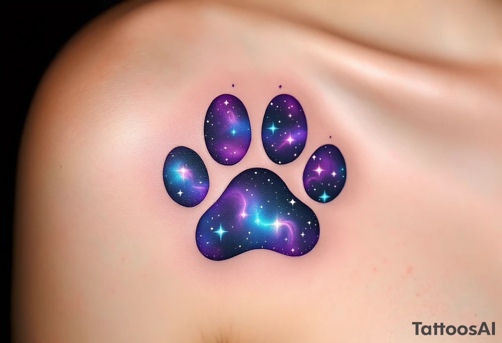 Galaxy Paw Prints – Small paw shapes filled with swirling purple, indigo, and midnight blue, with tiny white stars, resembling a galaxy trapped in each step. tattoo idea