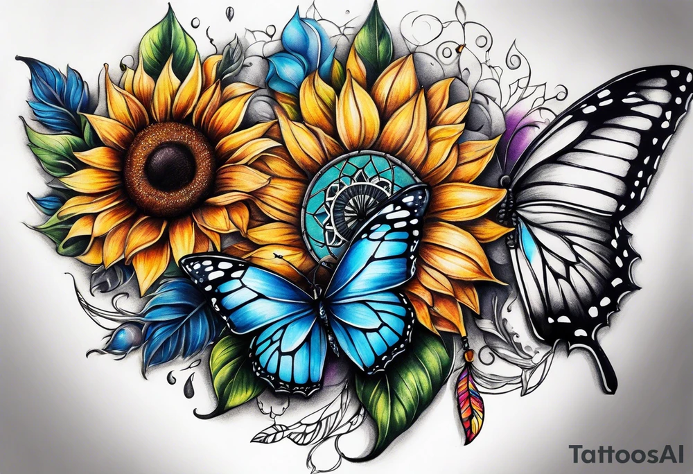 arm sleeve with dreamcatcher, rainbow sunflowers and one butterfly tattoo idea