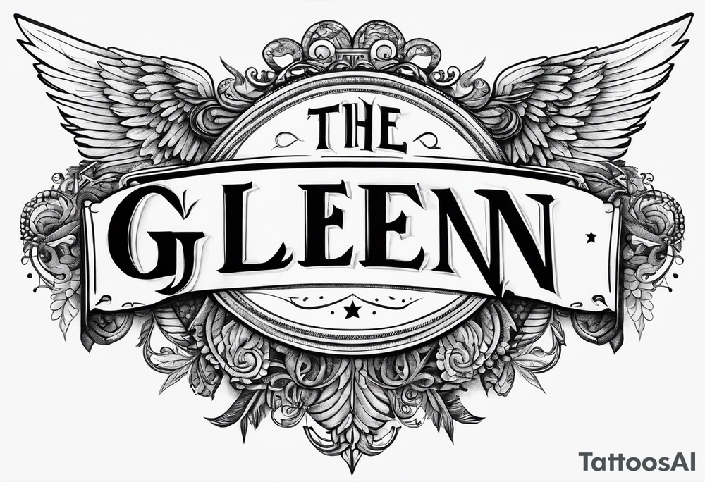 The word Glenn on a banner with angel Wings tattoo idea