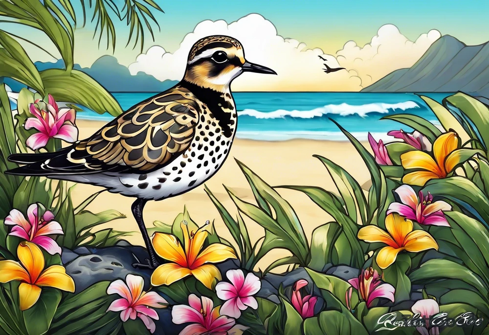 Pacific golden plover with Hawaiian flowers tattoo idea