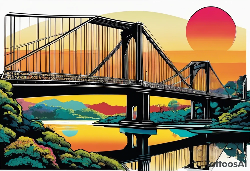 70's poster art, pop art, simple, view from under cantilever bridge tattoo idea