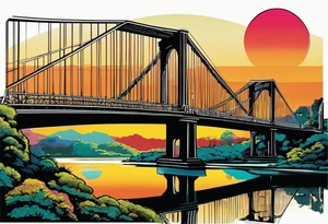 70's poster art, pop art, simple, view from under cantilever bridge tattoo idea