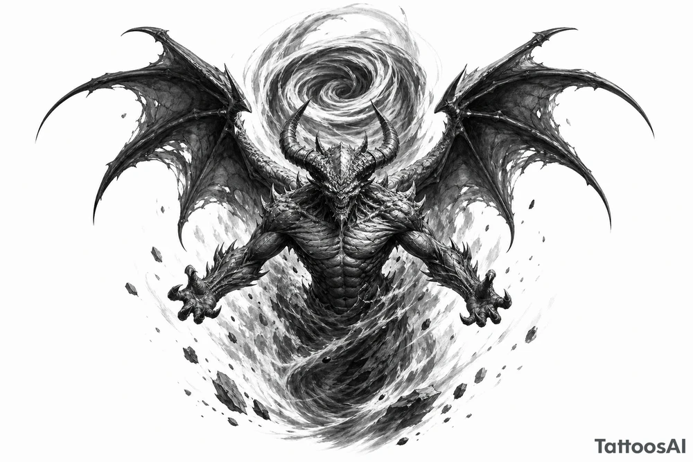 Winged air demon emerging from a swirling wind vortex, dark fantasy style. tattoo idea
