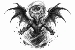 Winged air demon emerging from a swirling wind vortex, dark fantasy style. tattoo idea