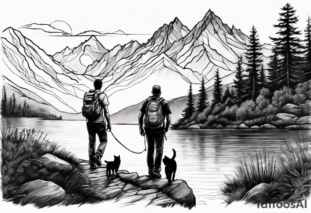 nature, sunset, mountains, a father and son hiking with their dog and cat by the water tattoo idea