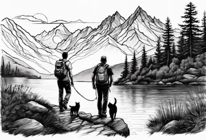 nature, sunset, mountains, a father and son hiking with their dog and cat by the water tattoo idea
