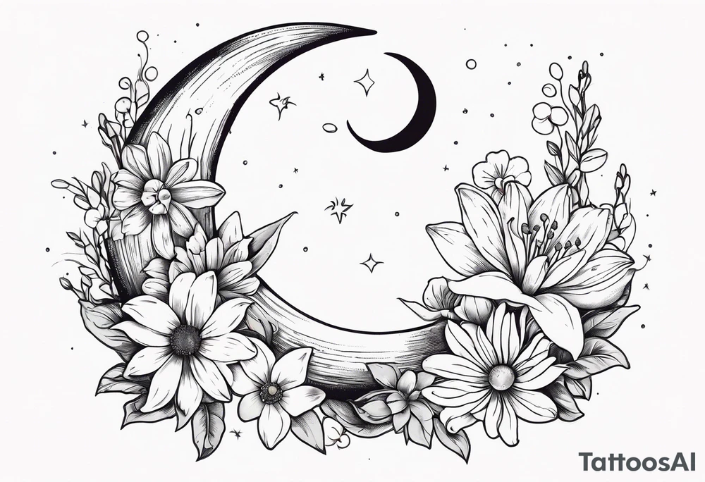 Crescent moon with daisy's, lily’s, crystals, and mushrooms tattoo idea