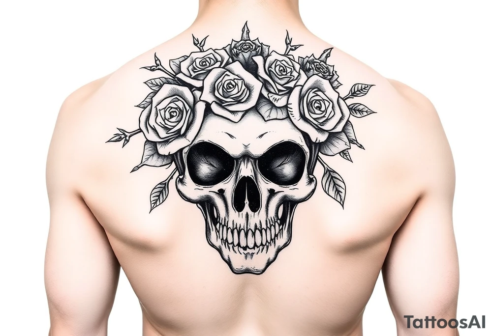 ornate skull adorned with crown of wild roses and thorns tattoo idea