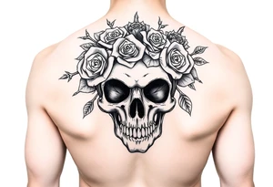 ornate skull adorned with crown of wild roses and thorns tattoo idea