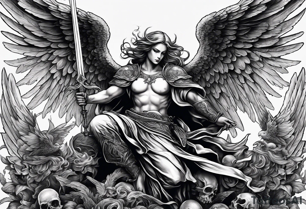Angel with long sword on a pile of dead demons tattoo idea